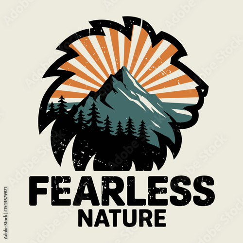 Majestic Lion Head Mountain Landscape Vintage Retro Design Fearless Nature Illustration Graphic Wild Animal Print Powerful Wildlife Image Bold Sun Rays Forest Trees Peaks Adventure art logo icon badge