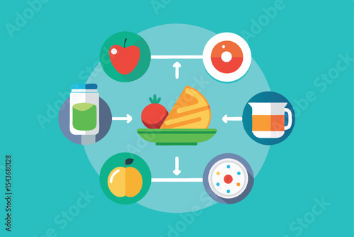  balanced plate of food, exercise, sleep, water intake icons in flat infographic vector