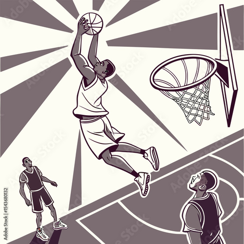 Basketball slam dunk scene with comic-style shading  , t-shirt design  