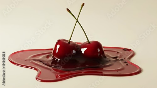 Vibrant Red Cherries with Flowing Juice on a Beige Background Studio Shot