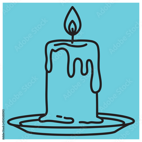 Simple outline illustration of a lit candle with melted wax on a blue background