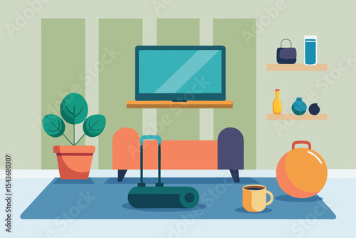  living room gym setup with mat, kettlebells, and smart TV playing fitness routine, cozy vector scene