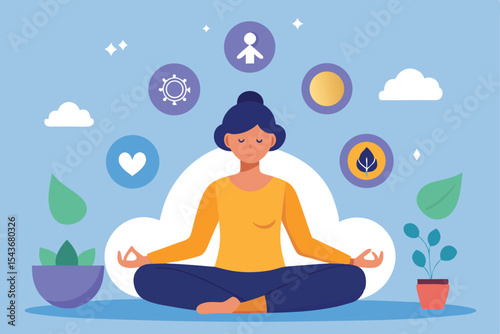 person meditating on mat with floating icons of peace, sleep, and mental calm, wellness vector art