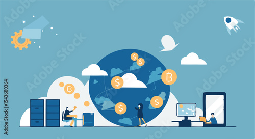 Vector illustration of business people with money, a flat graphical concept for digital internet technology services