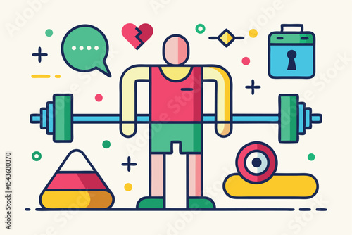 set of vector icons showing weightlifting, treadmill, squats, and dumbbells in colorful line style