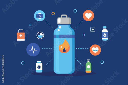  smart water bottle sending hydration alerts with water icons around, vector wellness 