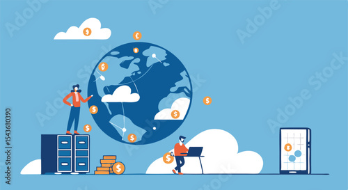 Global business network with diverse people on a stylized Earth, symbolizing a connected social media and technology concept