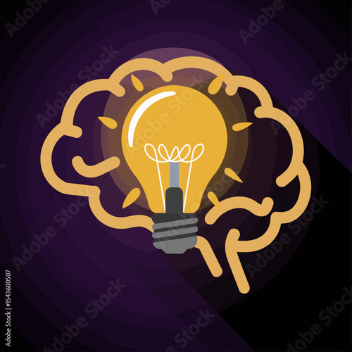 Bright Idea Concept Illustration Glowing Light Bulb Inside Human Brain Creative Thinking Innovation Design Graphic Vector Background Modern Style Yellow Gold Purple Colors Abstract Minimalist Image   
