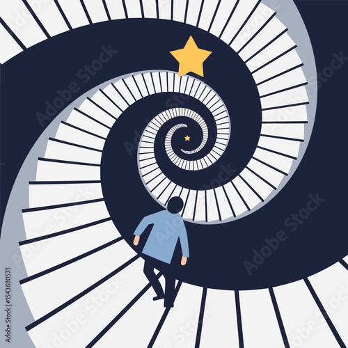 Abstract Spiral Staircase Design Leading to Stars Aspirational Journey Man Walking Upwards Infinite Loop Surreal Vector Illustration Graphic Background Image art path hope blue dark goal dream style  