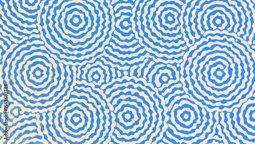 Abstract seamless pattern featuring concentric circles in blue and cream color forming a ripple effect