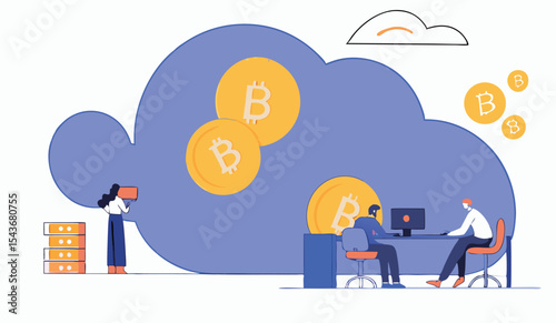 Vector illustration of business people with piggy bank and money, a concept of financial communication and internet technology