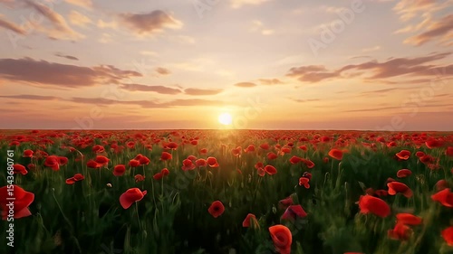 Vibrant Red Poppy Field at Sunset with Golden Light and Orange Sky