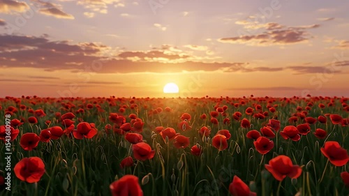Vibrant Red Poppy Field Blooming Under Orange Sunset Sky with Golden Sunlight