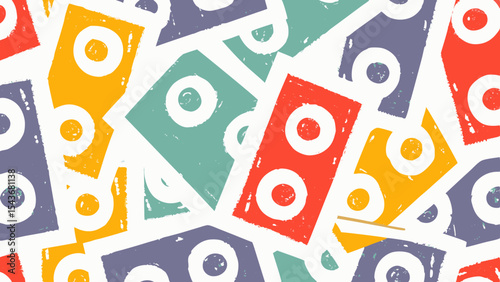 Abstract background featuring colorful geometric shapes with white circles in a playful arrangement
