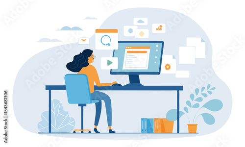 Businessman working on a laptop, a business concept illustration of technology and communication