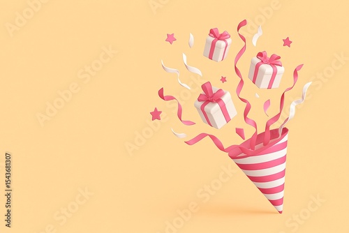 Party Hat with Gift Boxes and Ribbons – Festive Celebration Flat Lay