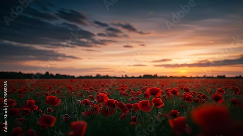Vibrant Red Poppy Field in Sunset Light with Dramatic Sky and Horizon