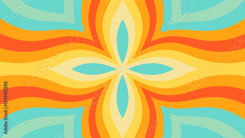 Abstract floral pattern with wavy lines in shades of orange yellow and blue creating a symmetrical design