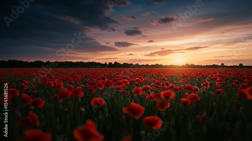 Vibrant Red Poppy Field Under a Golden Sunset Sky with Dramatic Clouds