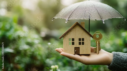 Home insurance protects your house. A person holds a house with key icons under an umbrella. This shows insurance covers your home from problems.
