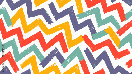 Colorful zig zag pattern with red yellow blue and green brush strokes on a white background creating a design