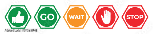 Stop, Wait, and Go Traffic Sign Icons – Red, Yellow & Green Vector Symbol Set for Road Safety, vector illustration.