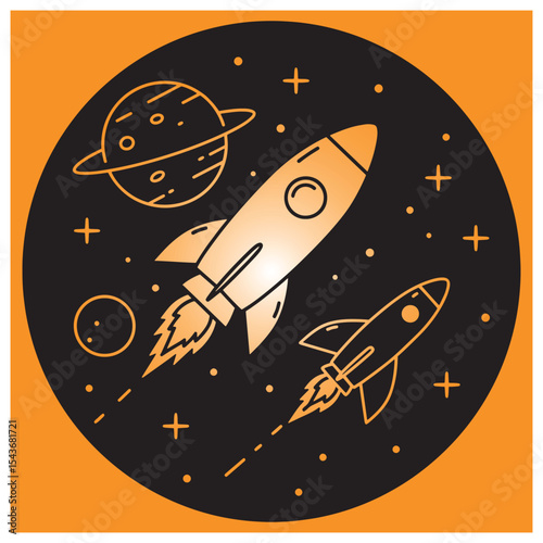 Two rocketships flying in outer space past planets and stars in a retro style