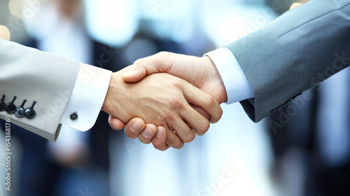 Two business men shaking hands in an office setting. The scene is bright and professional, with a focus on the handshake