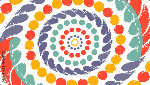 A colorful spiral pattern with circles and brush strokes creating a vibrant and dynamic composition art