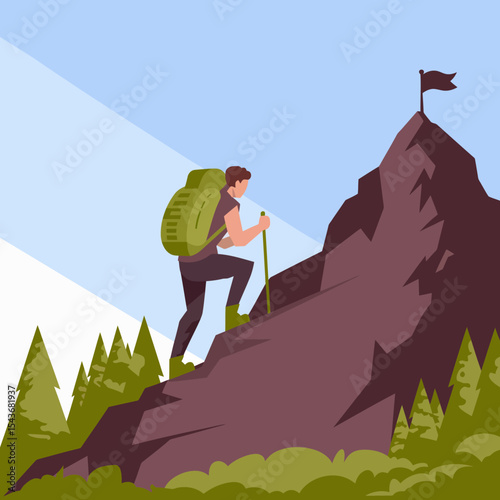 Determined Hiker Ascending Rugged Mountain Peak Reaching Summit Success Adventure Travel Hiking Journey Climbing Nature Landscape Outdoors Man Backpack Trekking Expedition Mountainous Terrain Path    