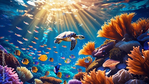 Sea turtle swimming in ocean with colorful coral and fish