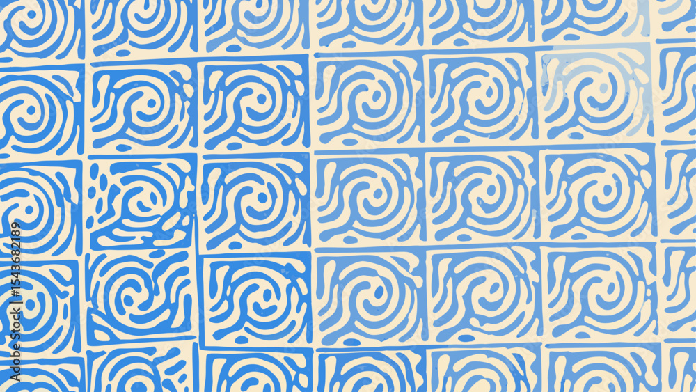 Fototapeta premium Abstract square tile pattern with blue swirl designs on a light background creating a seamless texture