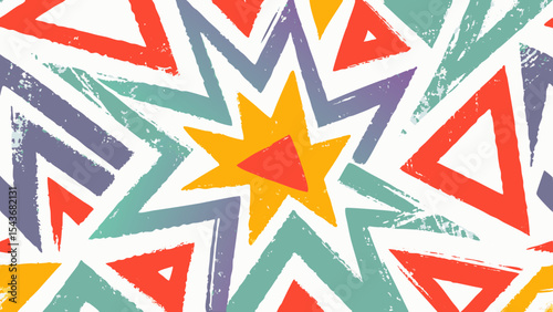 Colorful abstract background with triangles and starburst design in a hand painted style pattern design