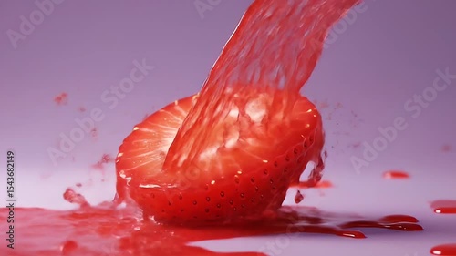 Vibrant Red Strawberry Half With Flowing Juice Against a Pink Background in a Macro Shot
