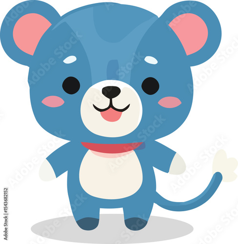 Cartoon blue mouse with pink cheeks ears and a red collar standing upright.