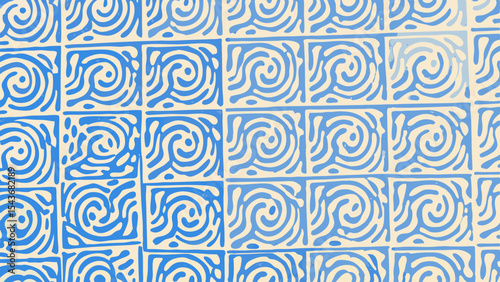 Abstract square tile pattern with blue swirl designs on a light background creating a seamless texture