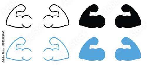 Muscle and Flexed Bicep Icon Set – Silhouette Fitness and Bodybuilder Vector Symbols,