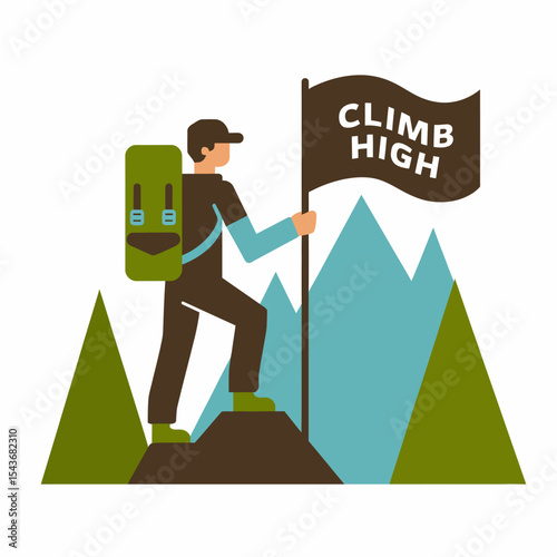 Motivational Climber Reaching Peak Success Mountaintop Achievement Flag Hiking Adventure Journey Perseverance Determination Triumphant Victory Strong Willpower Goal Achievement Climbing High          