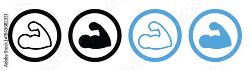 Muscle and Flexed Bicep Icon Set – Silhouette Fitness and Bodybuilder Vector Symbols,