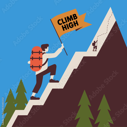 Motivational Climber Ascending Mountain Peak Reaching High Goals Success Achievement Ambition Determination Perseverance Effort Strategy Progress Journey Adventure Triumph Victory Aspirations         