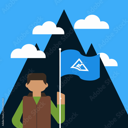 Person Holding Blue Mountain Flag Achievement Success Goal Reaching Peak Climbing Adventure Journey Triumphant Destination Progress Aspirations Motivation Leadership Bold Determination Conquest Effort