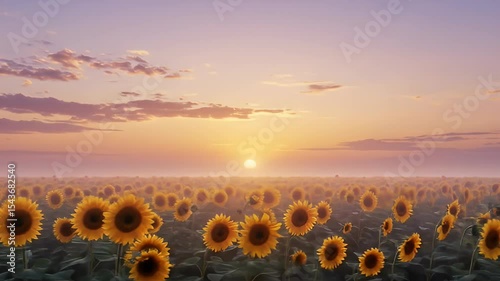 Vibrant Sunflower Field Under a Dramatic Sunset Sky with Golden Light and Orange Hues