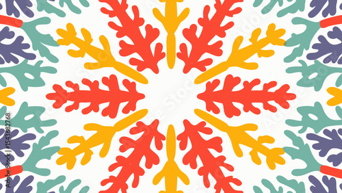 Kaleidoscopic arrangement of stylized coral branches in vibrant colors against a white background