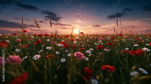 Vibrant Sunset Over A Colorful Field of Blooming Wildflowers With Red And White Petals