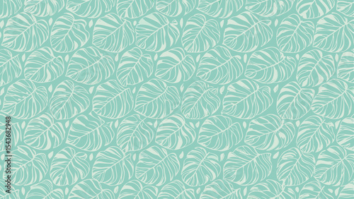 Repeating pattern of monstera leaves in white outline on a light turquoise background creating a dense design