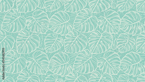 Seamless pattern featuring stylized monstera leaves in a light teal and white color scheme, repeated design