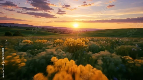 Vibrant Sunset Over a Blooming Field of Wildflowers with Golden Hour Illumination