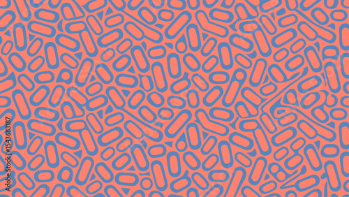Seamless pattern featuring blue outlined rounded shapes on a salmon colored background creating a dense design