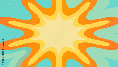 Retro burst design with swirling layers of orange yellow and teal creating a dynamic background effect