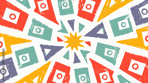 Colorful geometric shapes arranged around a central starburst pattern on a white background design art